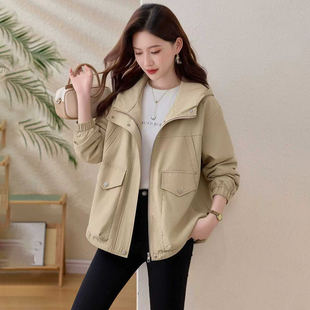 工装风短款外套女2026春秋新款宽松连帽拉链夹克小个子百搭上衣