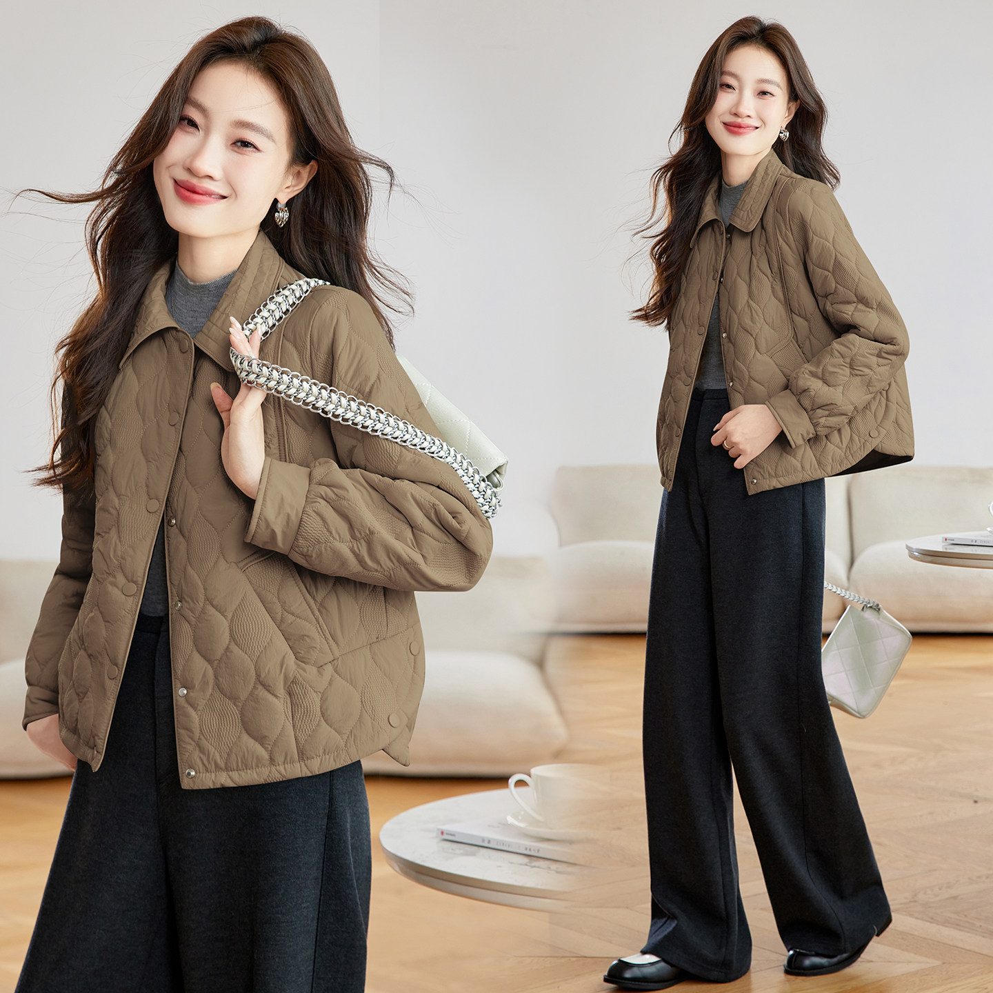 时尚菱格翻领棉服女短款2025秋冬新款轻薄小个子显瘦百搭棉衣外套