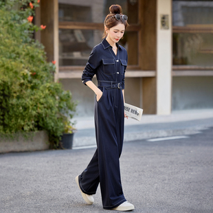 天丝牛仔连体裤女2026春季新款V领收腰显瘦高级感气质阔腿连衣裤