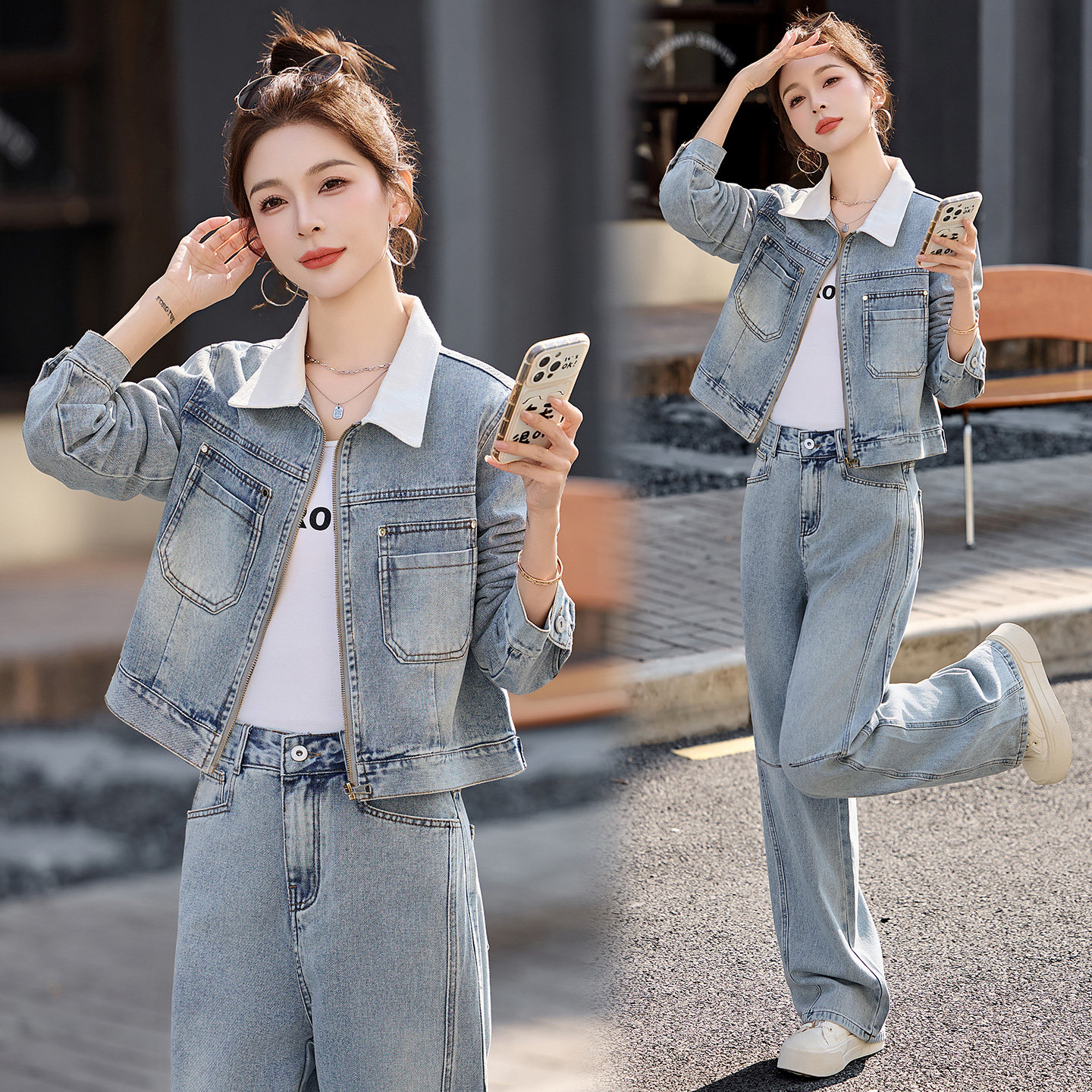 休闲牛仔套装女2026春秋新款高级感显瘦洋气翻领外套阔腿裤两件套