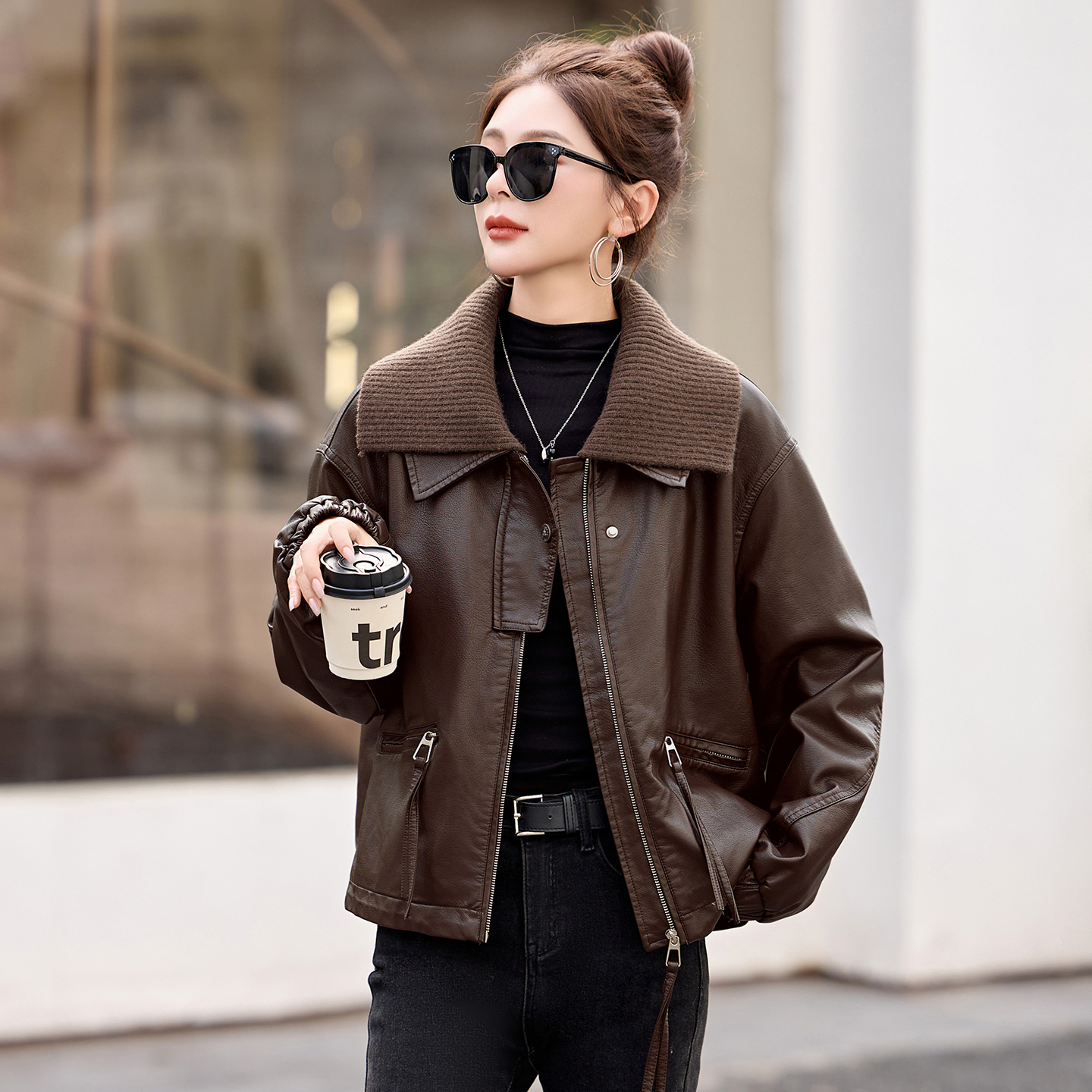 加绒加厚皮衣女短款2025秋冬新款宽松显瘦针织翻领机车皮夹克外套