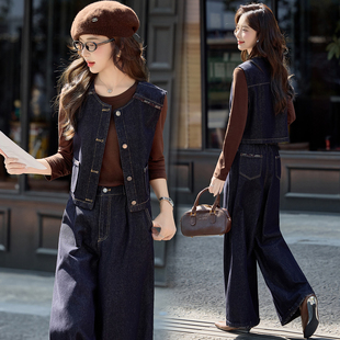 时尚休闲牛仔套装女2026春秋新款气质显瘦长袖马甲阔腿裤三件套潮