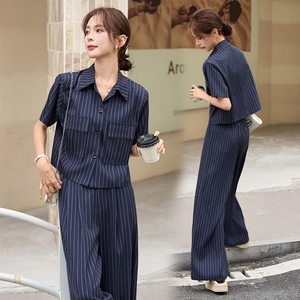 休闲时尚条纹套装女2025夏新款高级感宽松巨好看职业阔腿裤两件套