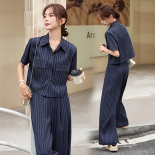 休闲时尚条纹套装女2026夏新款高级感宽松巨好看职业阔腿裤两件套