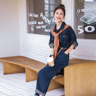 欧洲站时尚气质牛仔连体裤女2026春新款女休闲减龄显瘦披肩连衣裤