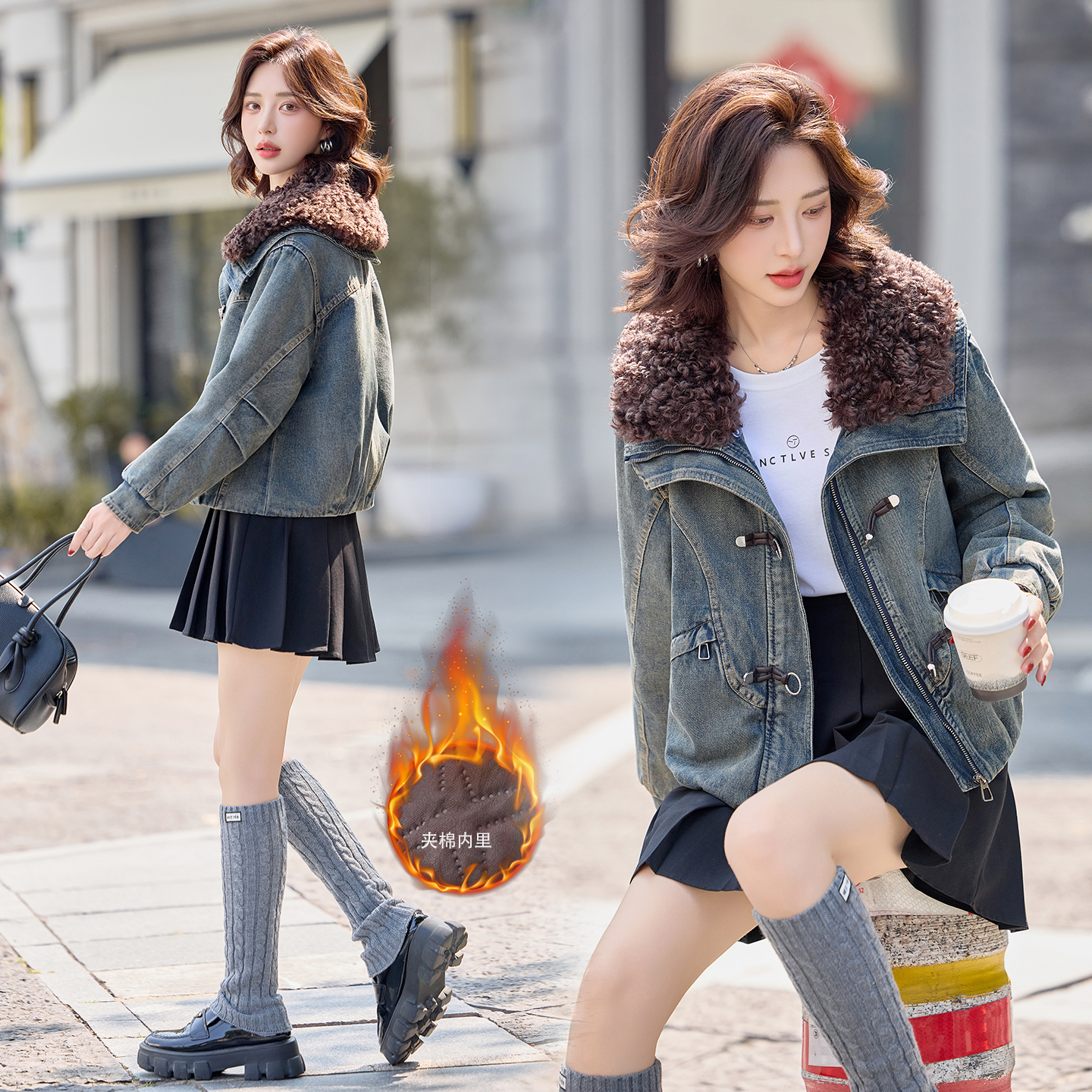 羊羔毛领牛仔短外套女