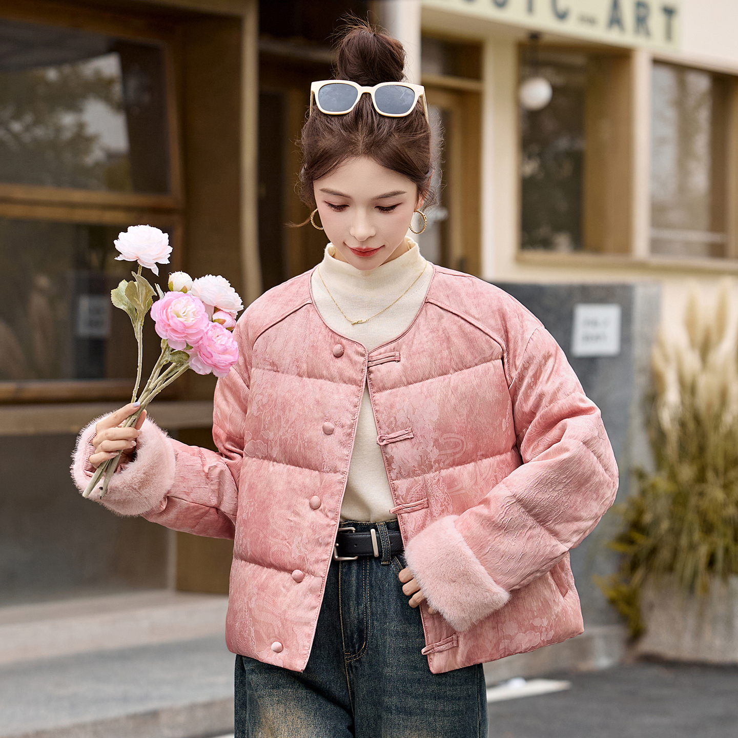 新中式提花羽绒服女短款