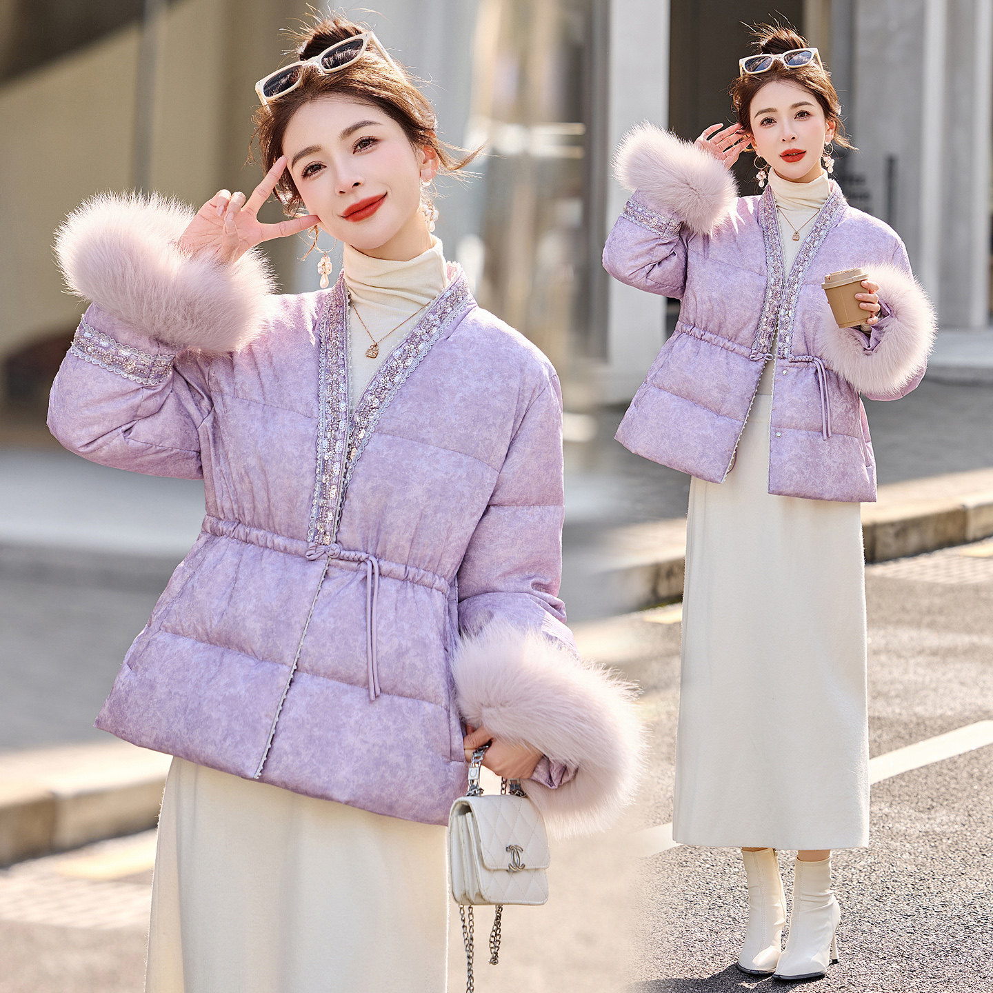 新中式狐狸毛羽绒服女短款2025年冬季新款收腰加厚镶钻白鸭绒外套,女装/女士精品,羽绒服,淘宝优惠券,粉丝福利购,淘宝优惠卷