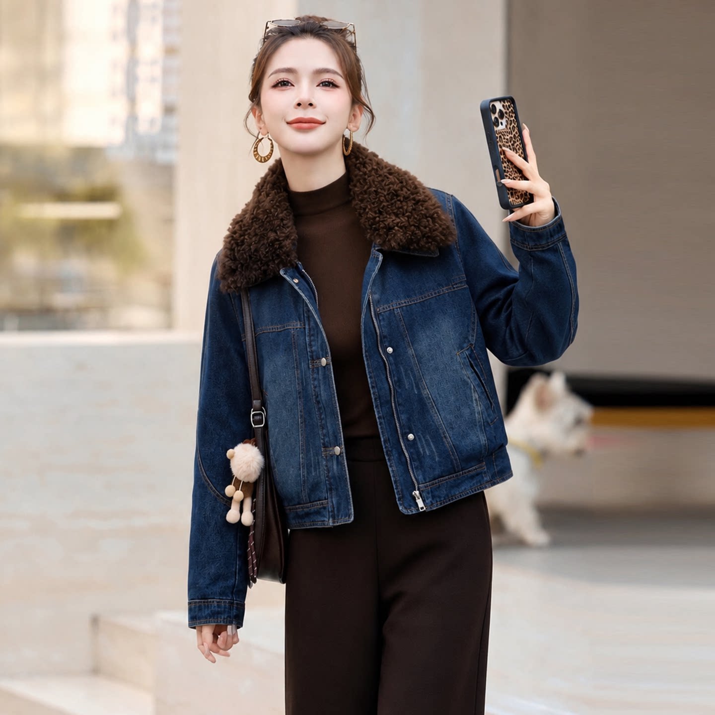复古羊羔毛领牛仔羽绒服女短款
