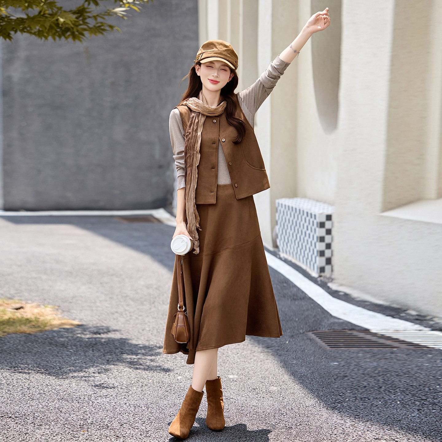美拉德风马甲打底半身裙三件套女