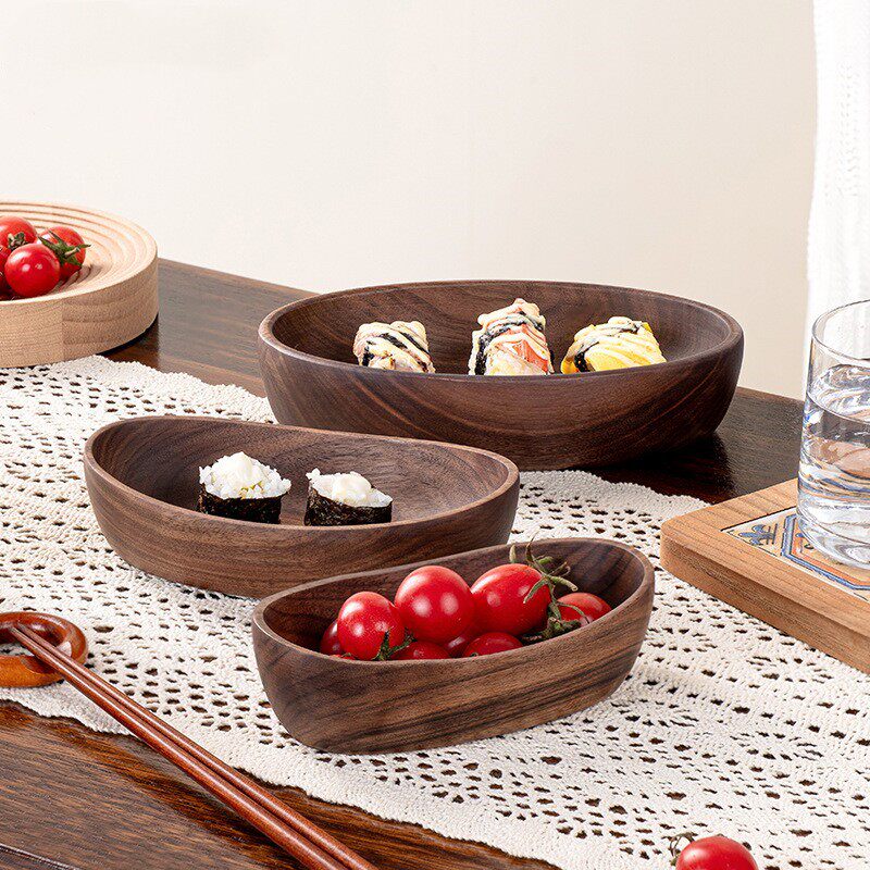 北美黑胡桃木船型碗干果点心盘客厅茶几甜品零食托盘水果盘整木