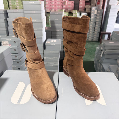 comely/康莉撤柜正品皮带扣粗跟圆头时装靴女新款织物套筒中筒靴