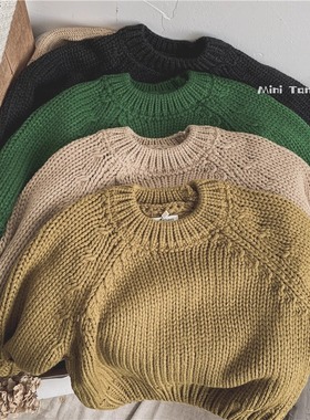 秋冬季儿童长袖加厚绿色粗针织毛衣男童女童韩版套头衫圆领毛线衣