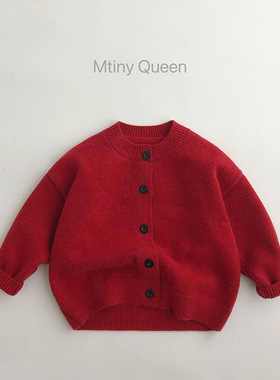 儿童红色针织毛衣男童女童韩版秋季毛衫婴儿小童宝宝洋气秋冬开衫