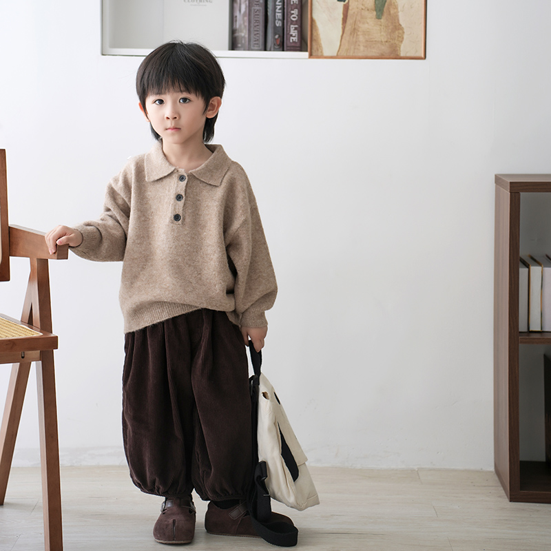 洋气好看2025新款儿童日韩系翻领套头针织衫男童女童宝宝休闲毛衣