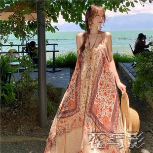氣質設計感顯瘦仙女裙子 絕美波西米亞風海邊度假吊帶連衣裙女夏季