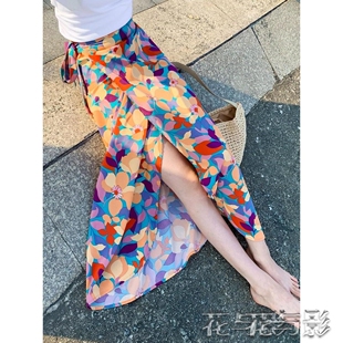 波西米亚沙滩裙女度假旅游绑带裹裙 新款 雪纺一片式 碎花半身裙夏季