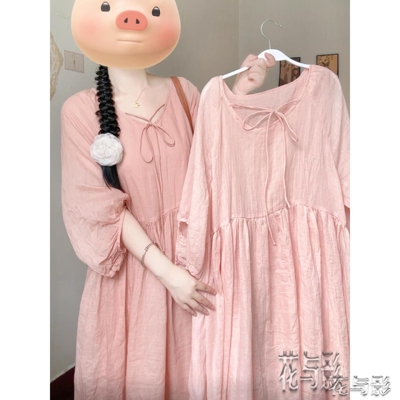 粉色宽松减龄休闲连衣裙子女春季长裙2026新款简单大方高级感穿搭