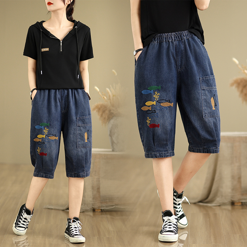 夏季薄款刺绣五分牛仔裤女大码宽松显瘦百搭哈伦裤松紧腰阔腿中裤