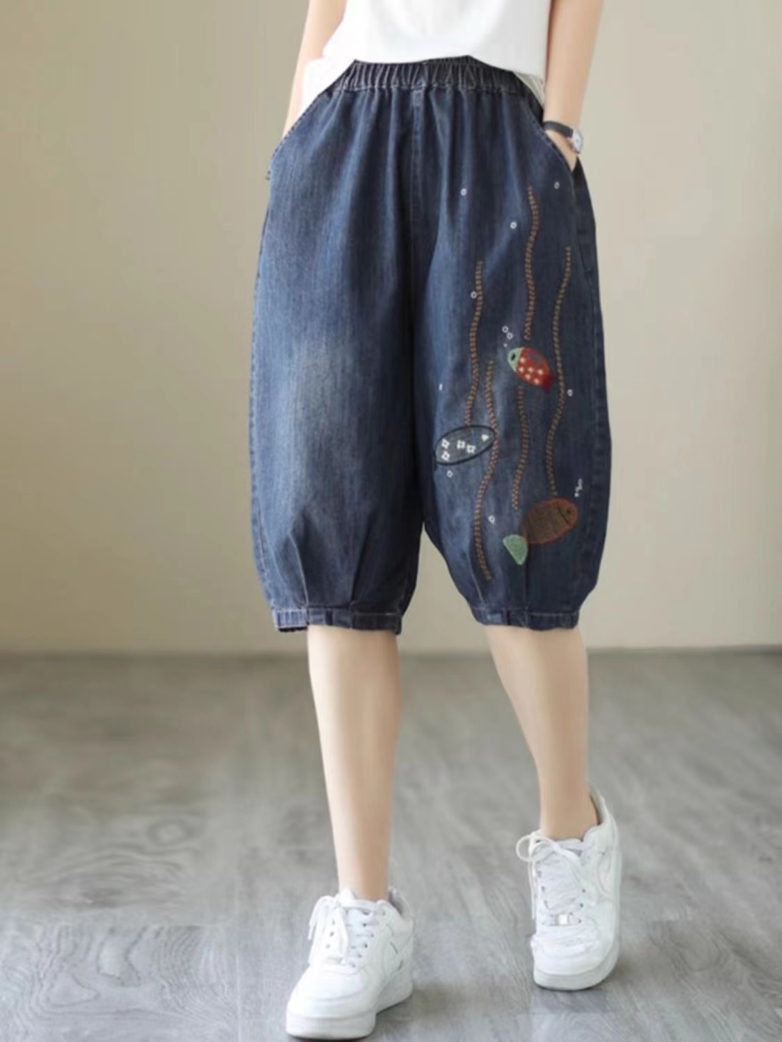 夏季新款文艺休闲刺绣六分牛仔裤