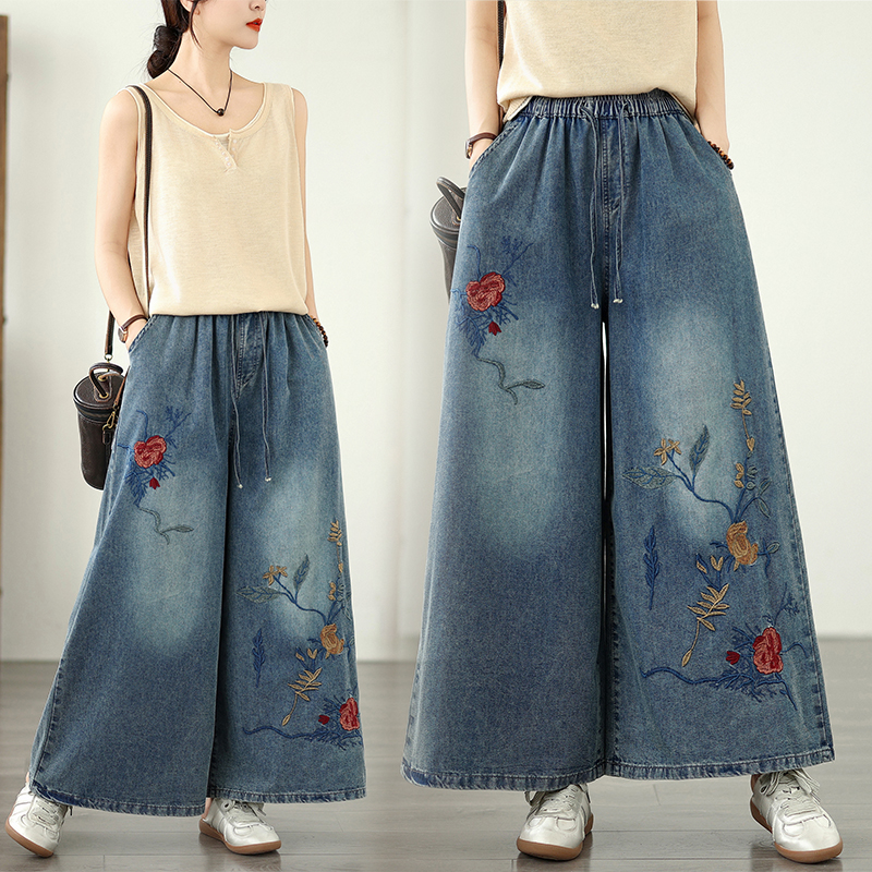 夏季薄款文艺休闲刺绣牛仔阔腿裤