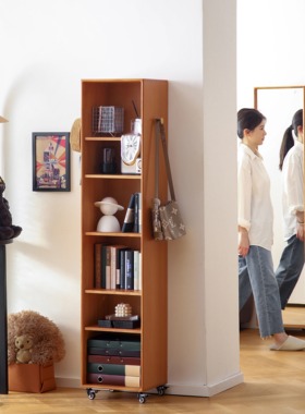 中古落地全身镜子创意家用杂志书柜复古可移动收纳旋转实木穿衣镜