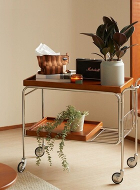 实木可移动茶水小推车中古风茶几沙发边几复古角几客厅餐车置物架