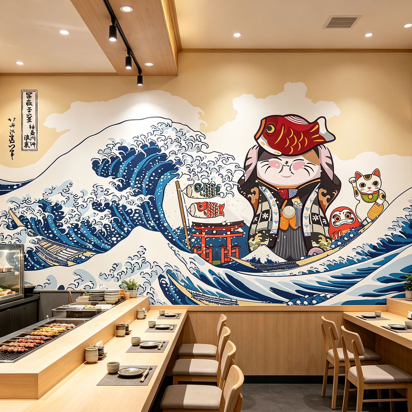 浮世绘招财猫壁画餐饮包厢背景墙樱花富士山自粘墙贴纸寿司店墙贴