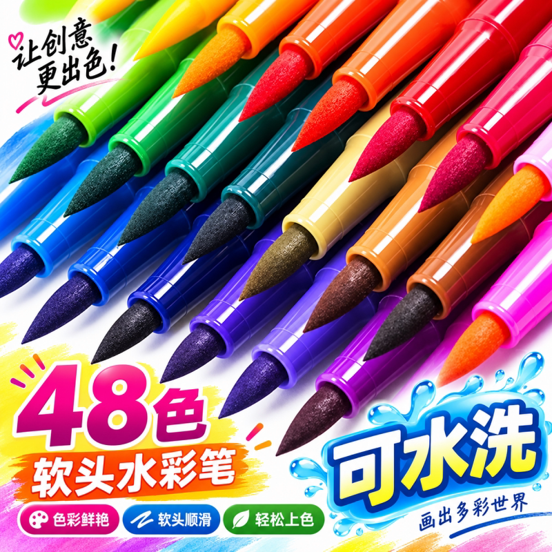 水彩笔48色软头笔可水洗套装初学者创意画画笔小学生用绘画彩色