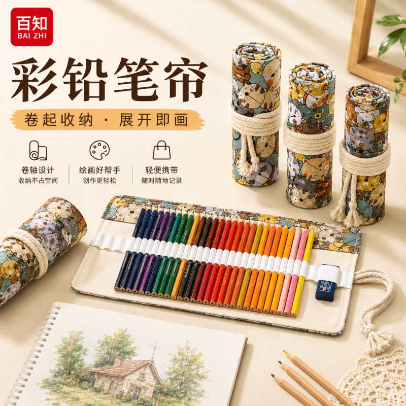 百知彩色铅笔学生绘画用笔帘套装图片