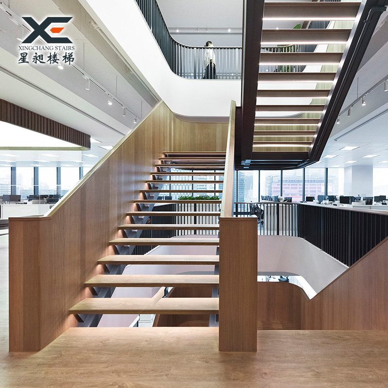 室内整体定时双跑自建房双梁钢木楼梯复式别墅阁楼家用玻璃轻奢