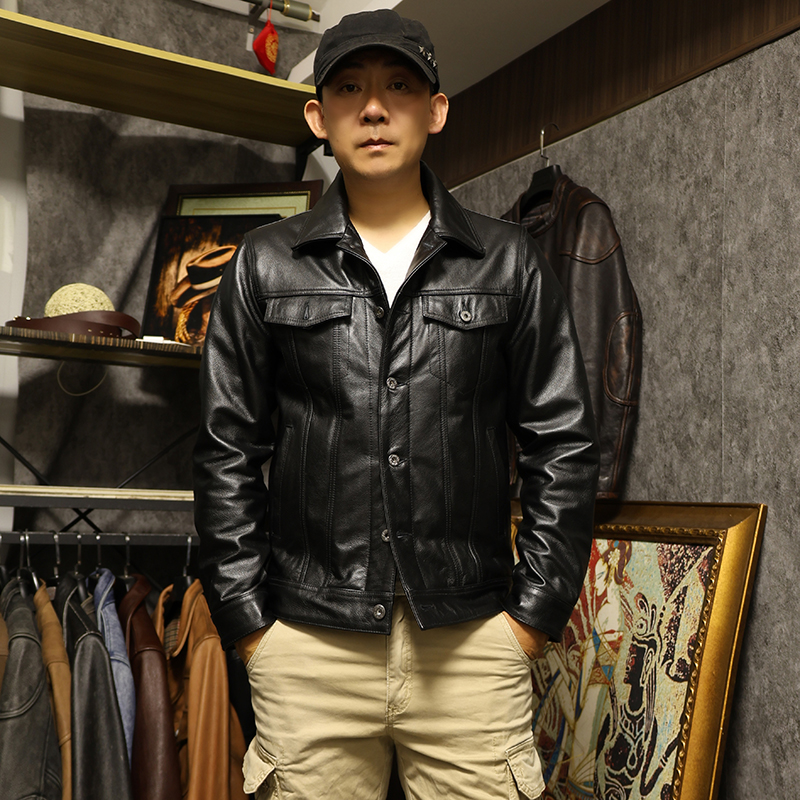 牛仔真皮皮衣翻领短款