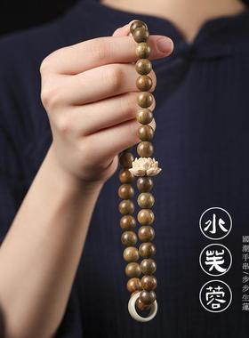 原创绿檀木念珠黄杨木莲花手持跑环手链木质女款文玩佛珠绿檀香木