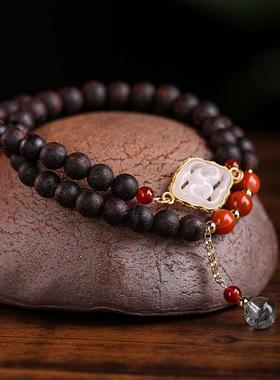 降真香佛珠手链女士和田白玉祥云南红玛瑙绿幽灵6MM木手串双圈款