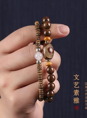 国潮古风绿檀木鸡翅木片珠DIY双圈念珠手串女玛瑙文玩木质8mm男款