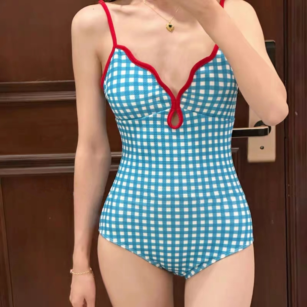 泳衣女款纯欲风2025夏新款连体裙式显瘦遮肚蓝色格子沙滩度假泳装