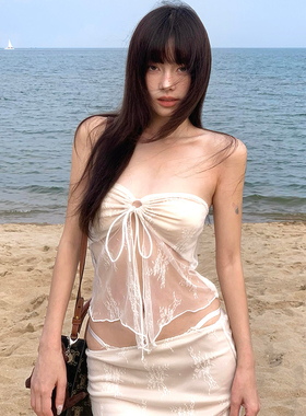 泰国小众高级感蕾丝抹胸分体比基尼海岛度假性感显瘦长裙温泉泳衣