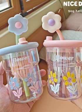 夏日女生高颜值小花水杯带茶隔高硼硅玻璃杯耐高温办公泡茶吸管杯