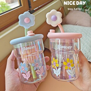 夏日女生高颜值小花水杯带茶隔高硼硅玻璃杯耐高温办公泡茶吸管杯