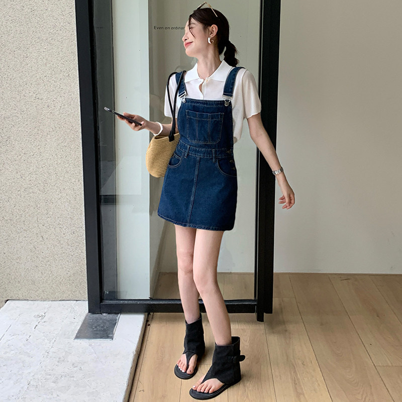 深蓝牛仔背带短裙女夏薄款2026新款小个子宽松显瘦减龄洋气连衣裙图片