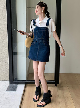 深蓝牛仔背带短裙女夏薄款2026新款小个子宽松显瘦减龄洋气连衣裙