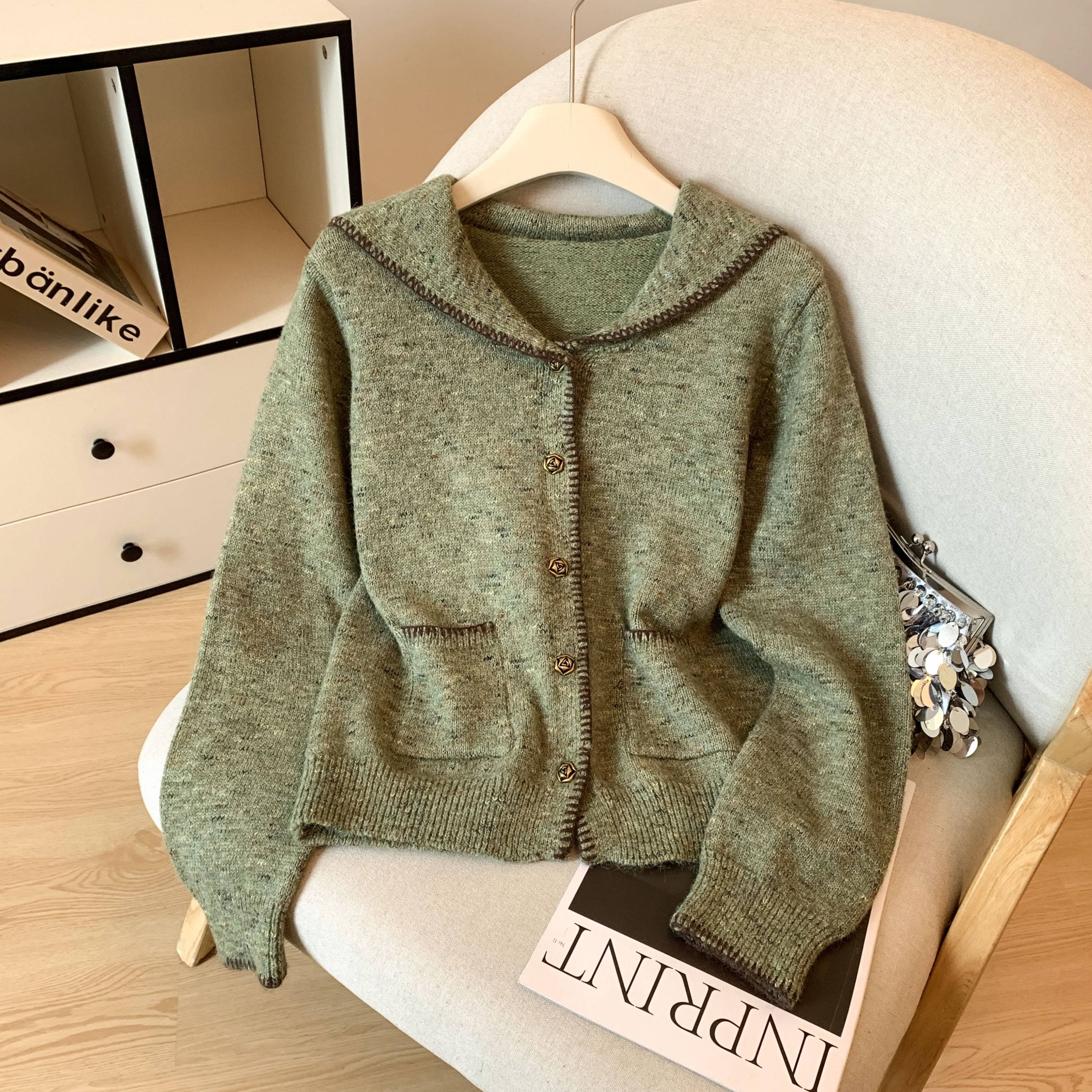 广州十三行高货爆款~慵懒风毛衣女款2025新款冬绿色高级宽松外套