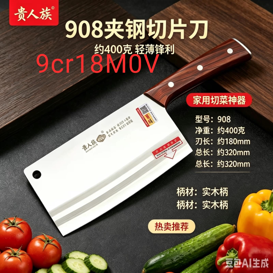 贵人族 9洛18钼钒钢锻打夹钢厨师切片刀肉摊家家用切菜刀切肉刀