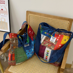 2026春夏新款 正反两用牛仔包民族风拼布包波西米亚单肩斜挎包双面