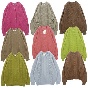 vintage古着毛衣森系手工编织钩花麻花豆豆衫甜美校园冬季外套B34