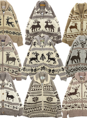 古着vintage孤品北欧厚实粗线加拿大印第安麋鹿外套羊毛衣B72