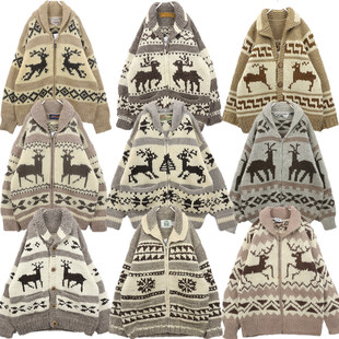 古着vintage孤品北欧厚实粗线加拿大印第安麋鹿外套羊毛衣B72