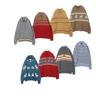 古着毛衣Vintage复古森系男女条纹羊毛拉链半高领纽扣孤品外套A59