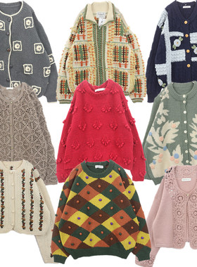 古着毛衣vintage复古手工编织重磅立体钩花羊毛开衫小清新甜美B62