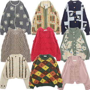 古着毛衣vintage复古手工编织重磅立体钩花羊毛开衫小清新甜美B62